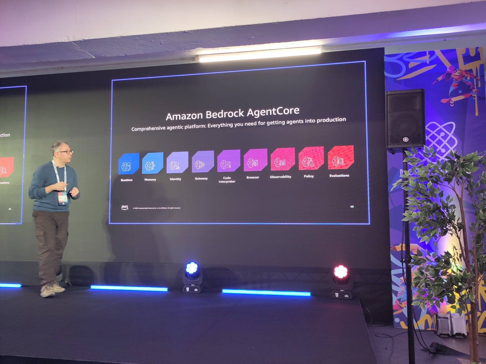 AWS AgentCore platform overview slide, listing Runtime, Memory, Identity, Gateway, Code Interpreter, Browser, Observability, Policy, and Evaluations